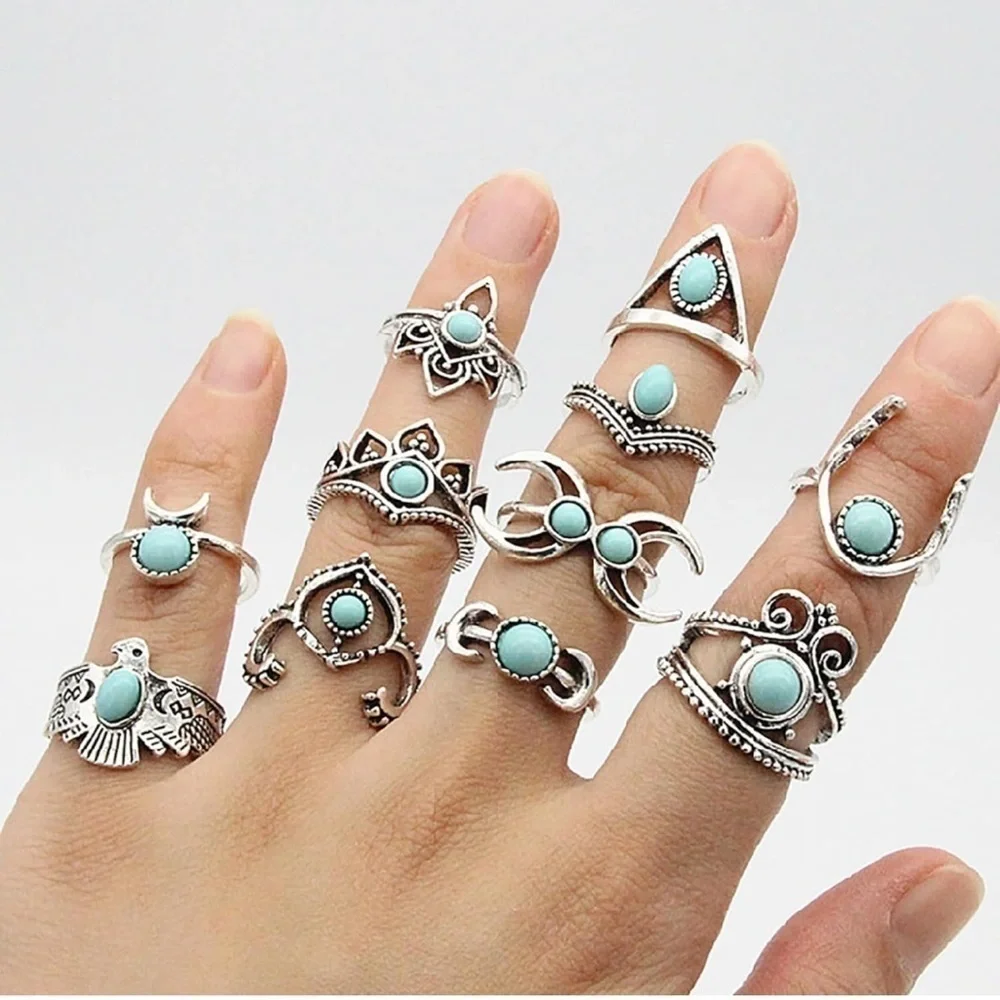 NEW TURQUOISE STACK BOHO VINTAGE STYLE RING SET